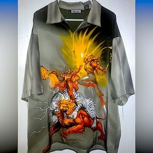 Million Guy Norse Greek God of War White Tiger Lion Battle Fight Button Shirt